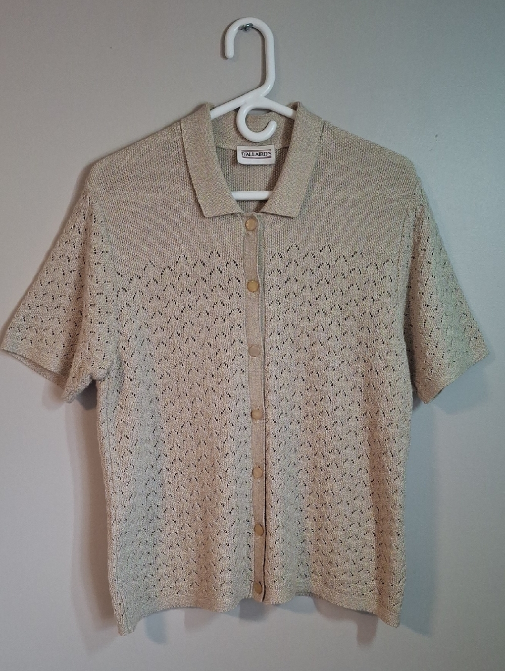 VINTAGE D'Allaird's Linen-Look Open Knit Cardigan Polo Top Sz L - Made in Canada